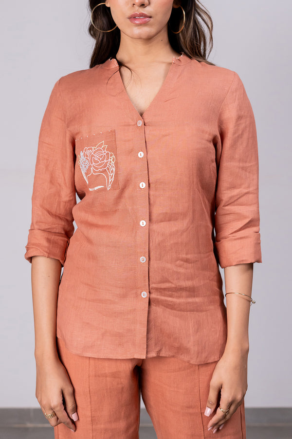Pamela Linen Shirt With Patch Pocket – Sand Brown