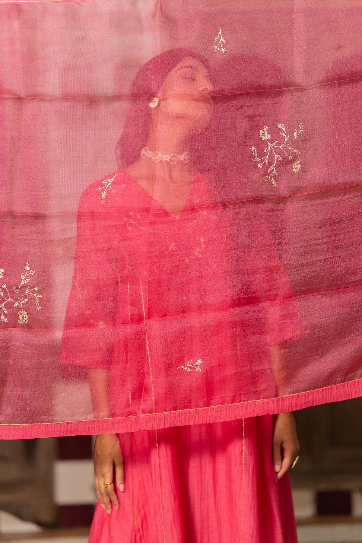 Phool Jali Silk Organza Dupatta - Pink