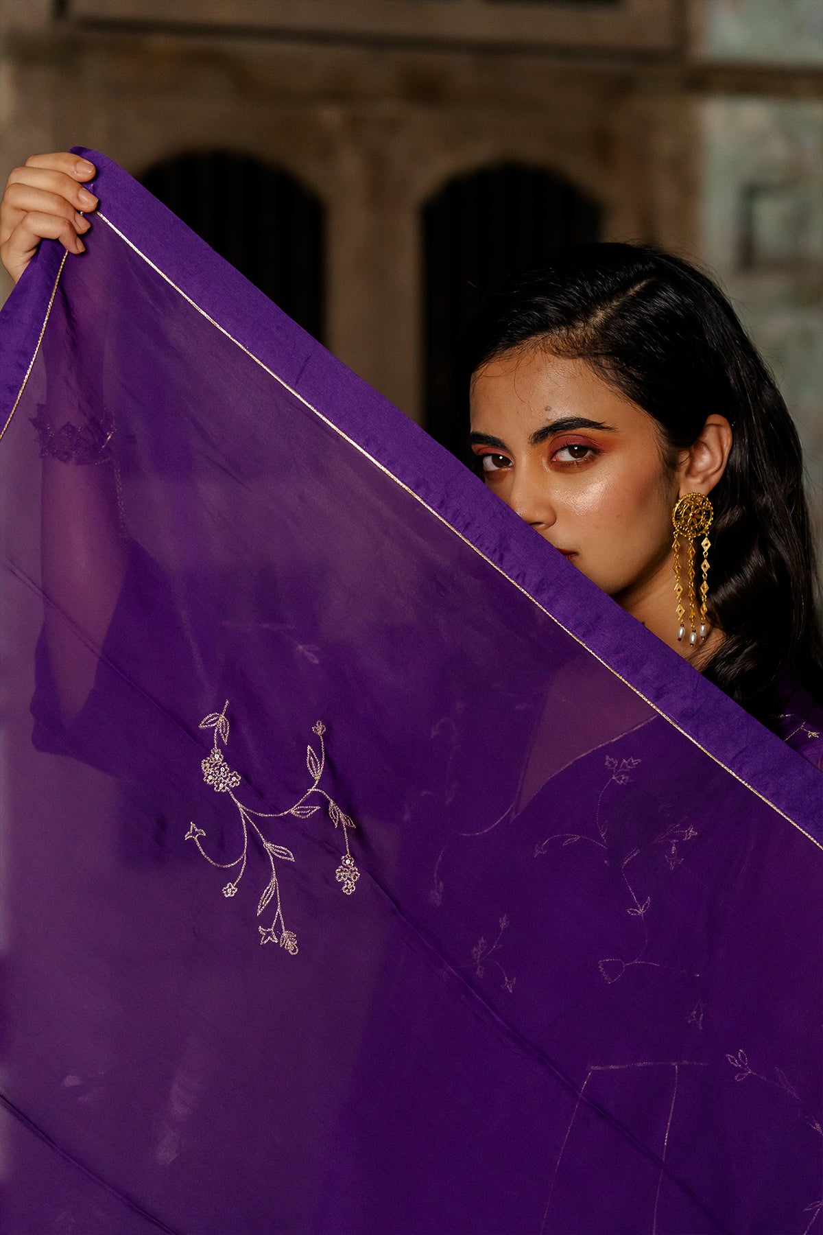 Phool Jali Silk Organza Dupatta - Purple