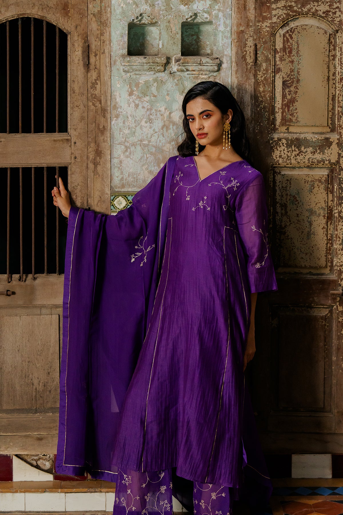 Phool Jali Silk Organza Dupatta - Purple