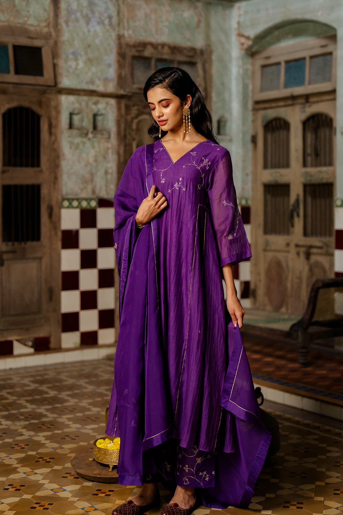 Phool Jali Silk Organza Dupatta - Purple