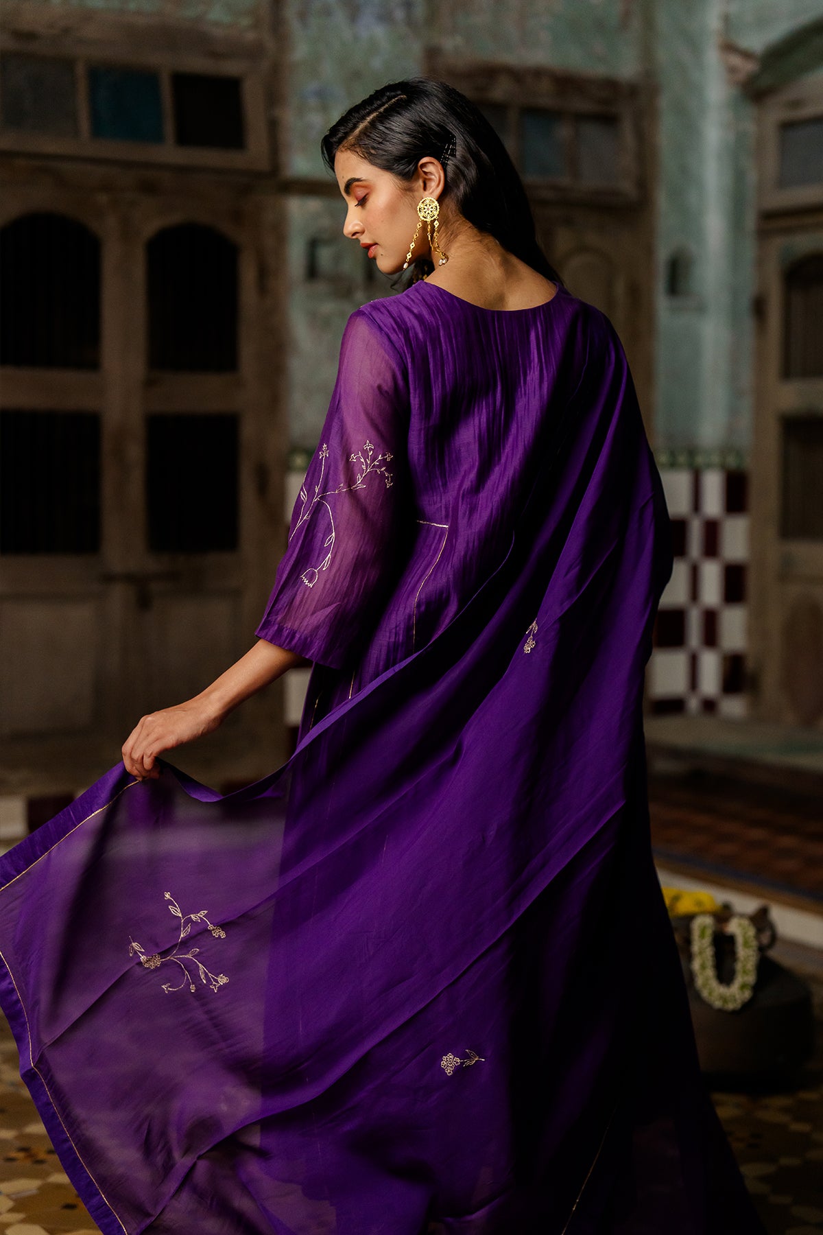 Phool Jali Silk Organza Dupatta - Purple