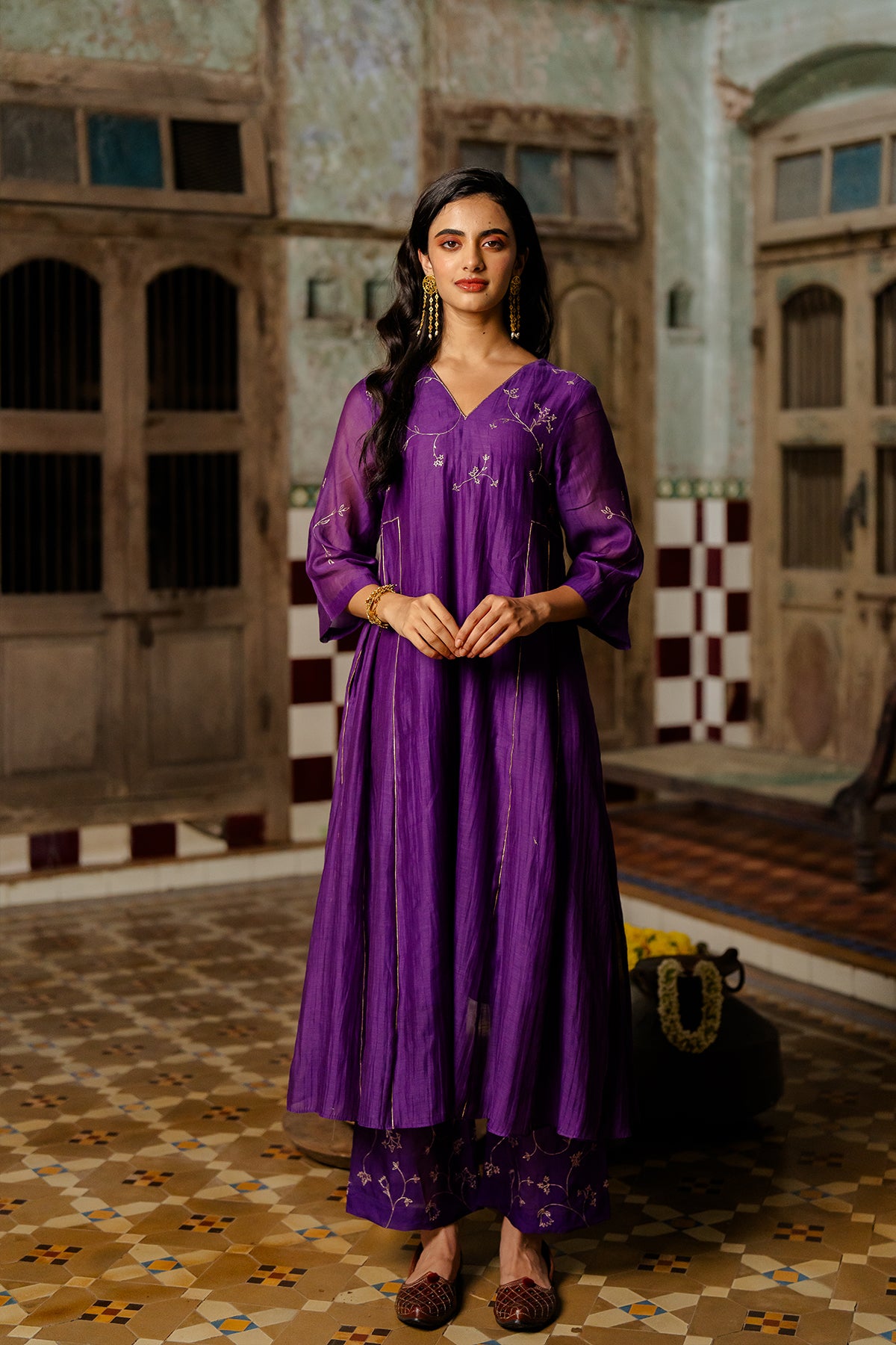 Phool Jhali Chanderi Silk Side Kali Kurta with Pants - Jamuni
