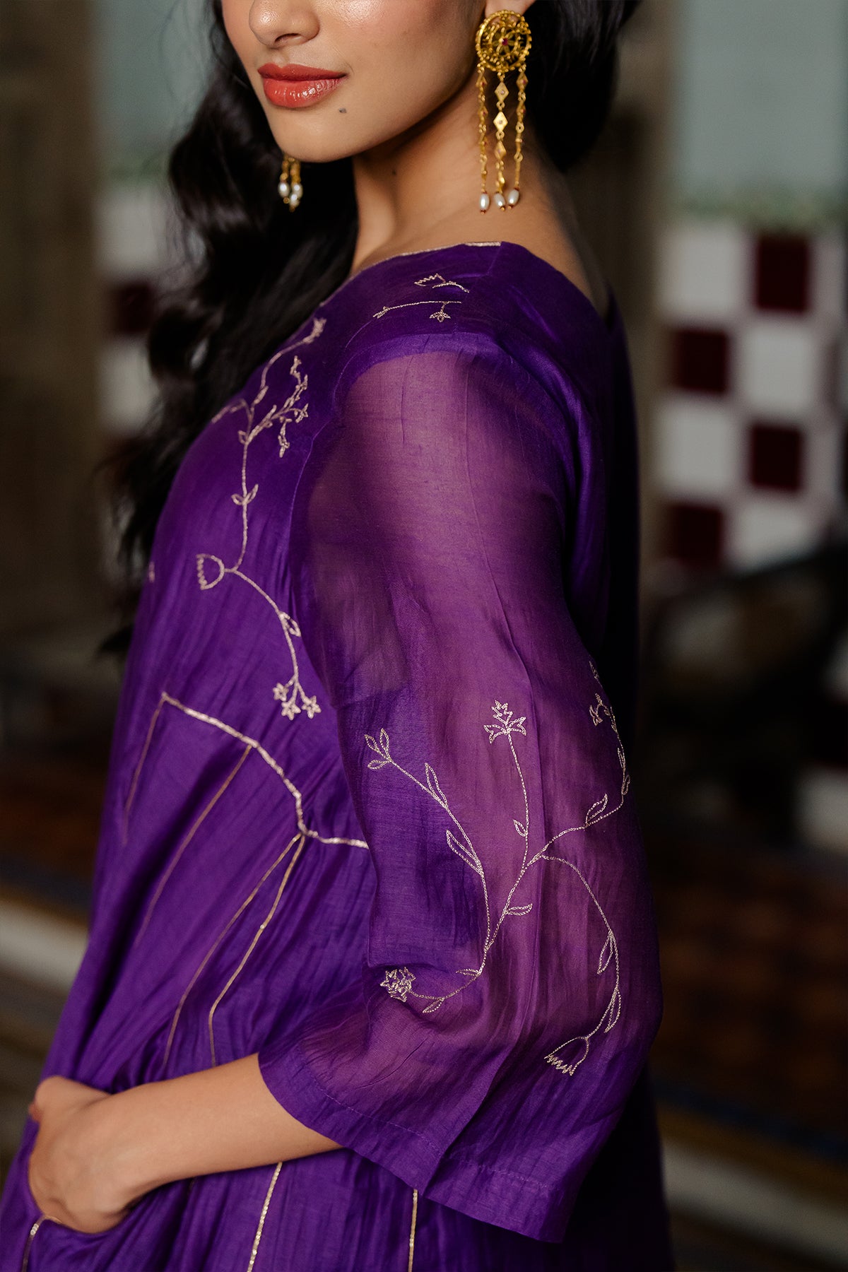 Phool Jhali Chanderi Silk Side Kali Kurta with Pants - Jamuni