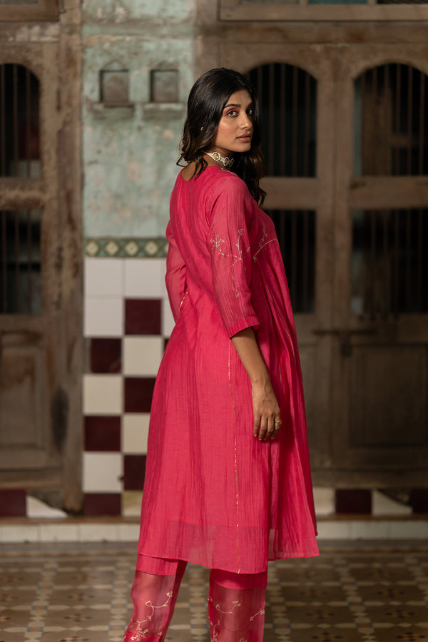 Phool Jhali Chanderi Silk Side Kali Kurta with Pants - Pink