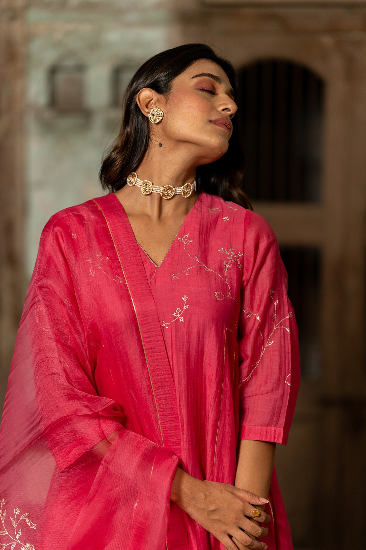 Phool Jhali Chanderi Silk Side Kali Kurta with Pants - Pink