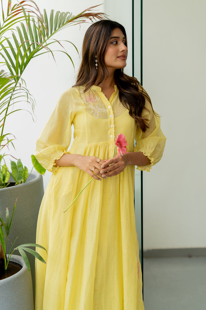 Pushp Chanderi Dress - Lemon Yellow