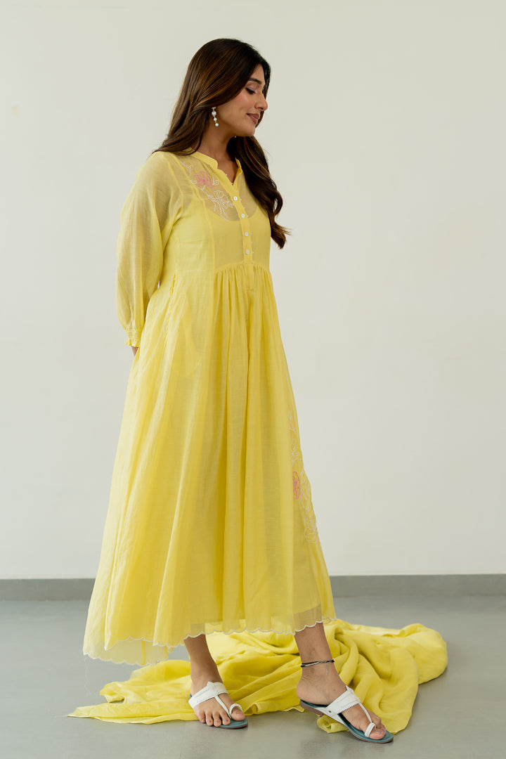 Pushp-Chanderi-Dress-Lemon-Yellow-