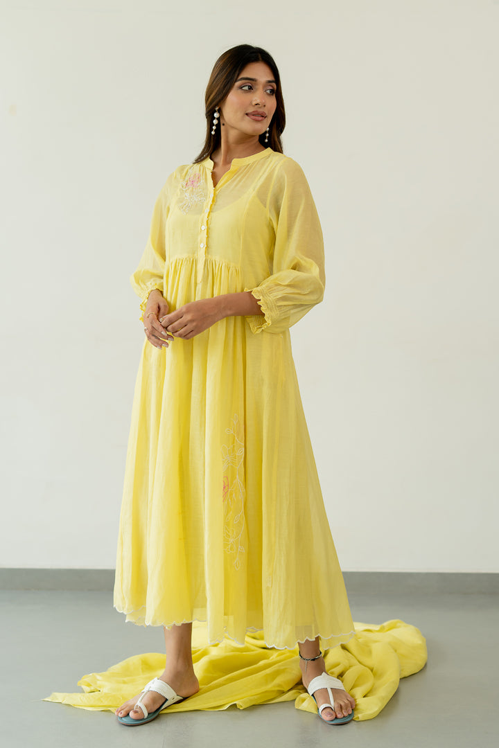Pushp-Chanderi-Dress-Lemon-Yellow-