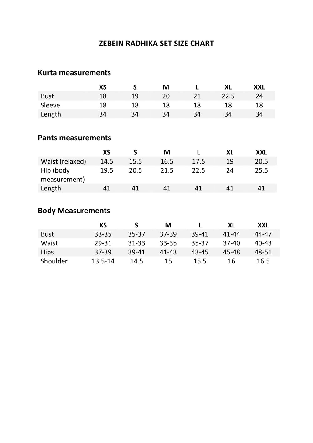 Size Chart 1