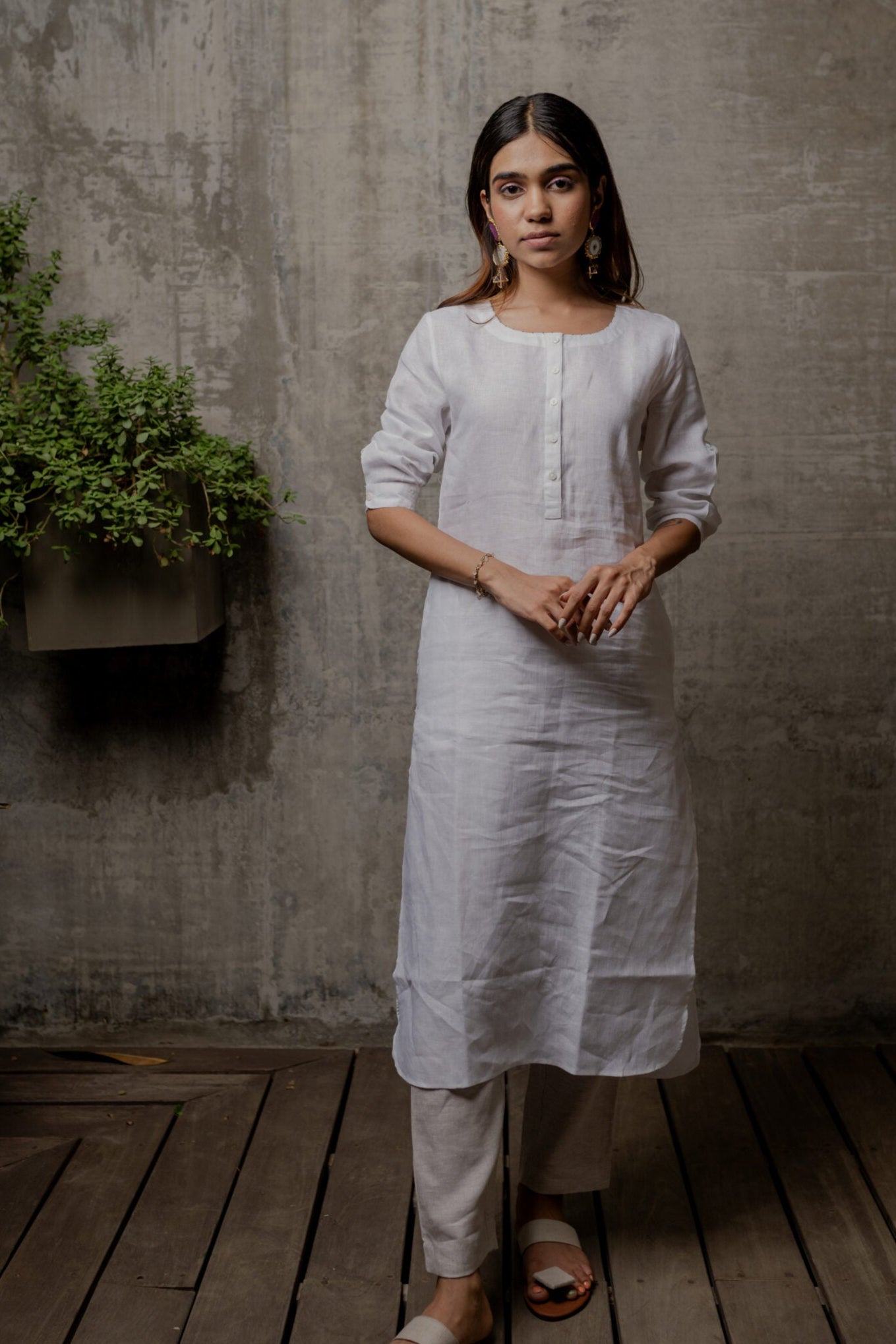 Janice Linen Half Placket kurta - White