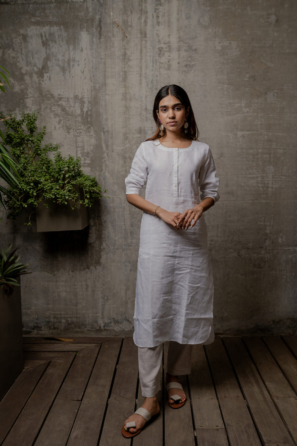 Janice Linen Half Placket kurta - White