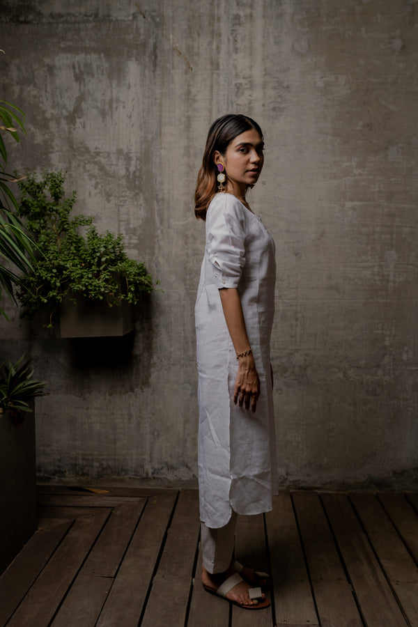 Janice Linen Half Placket kurta - White