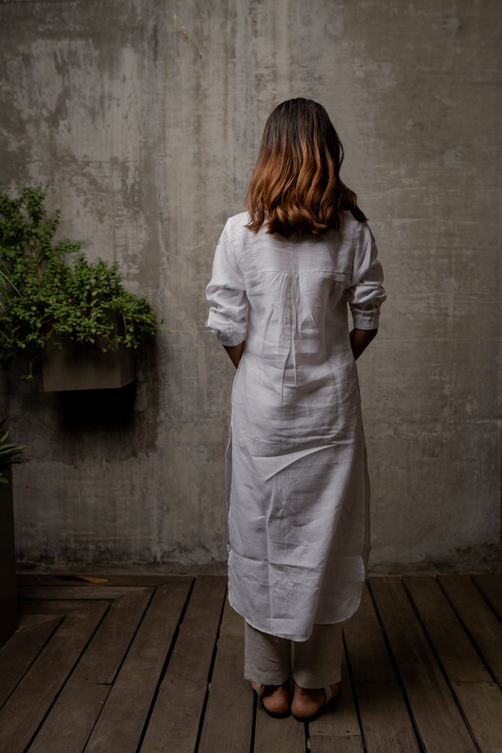 Janice Linen Half Placket kurta - White