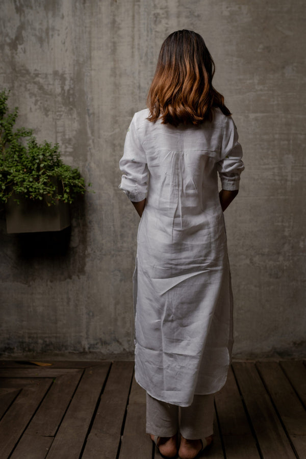 Janice Linen Half Placket kurta - White