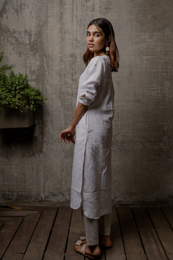 Janice Linen Half Placket kurta - White