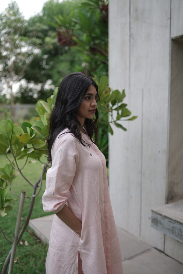 Demi Linen Buttoned Kurta - Light Pink