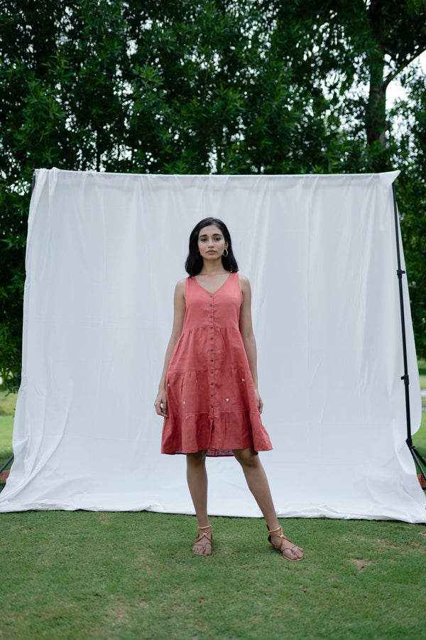 Linen sleeveless tier dress - Rust