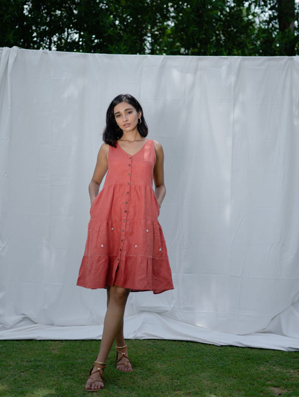 Linen sleeveless tier dress - Rust