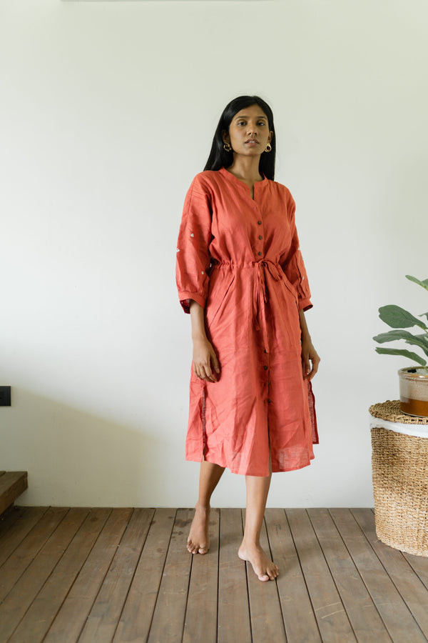 Linen Drawstring Straight Dress - Rust