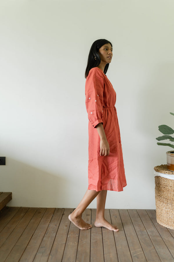 Linen Drawstring Straight Dress - Rust
