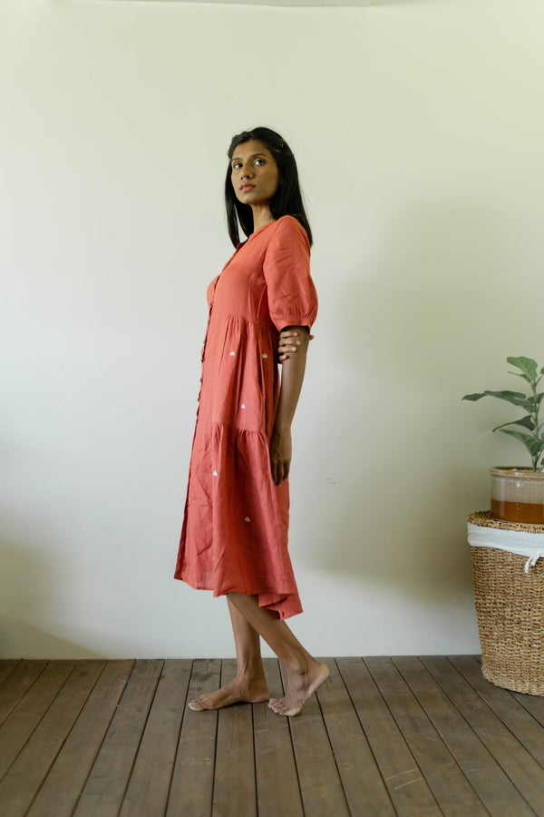 Linen Side Gather Dress - Rust