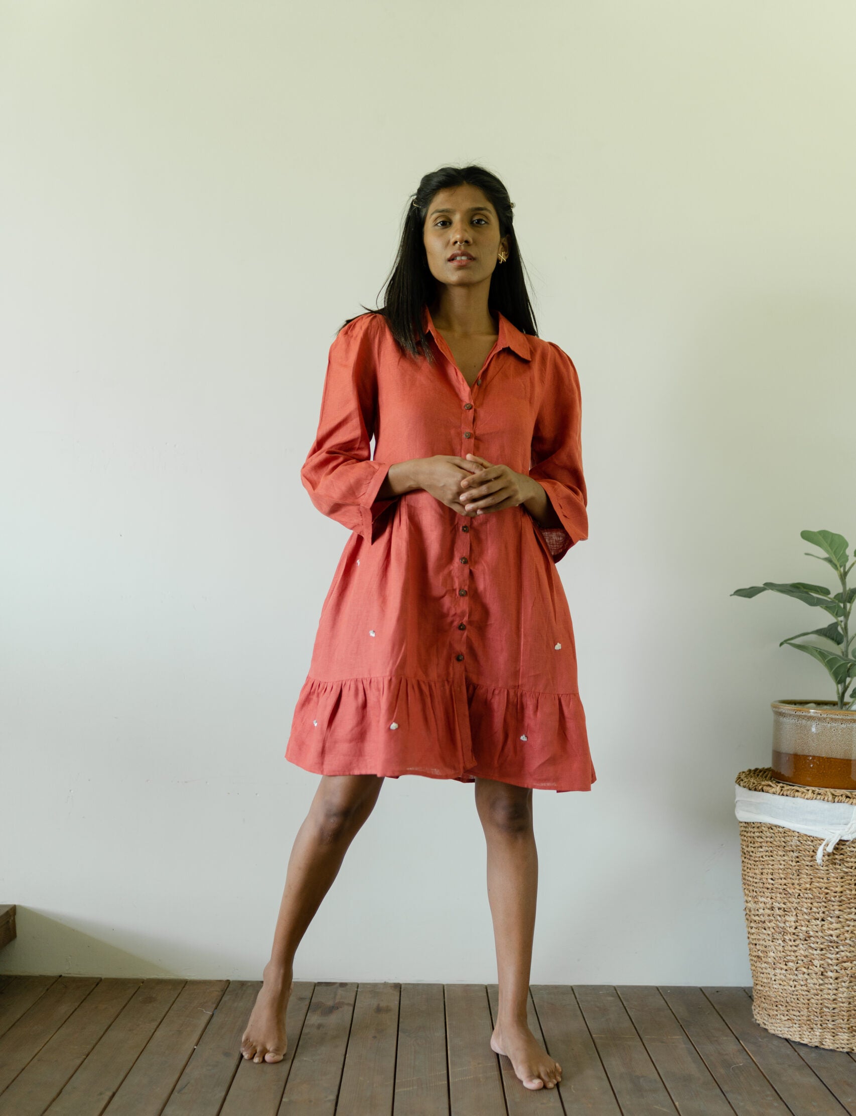 Linen Collared Short Dress - Rust