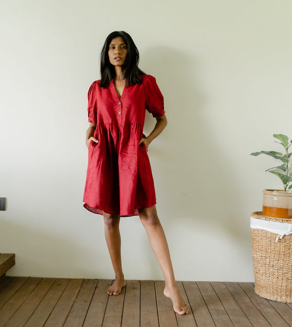 Linen Short Red Dress