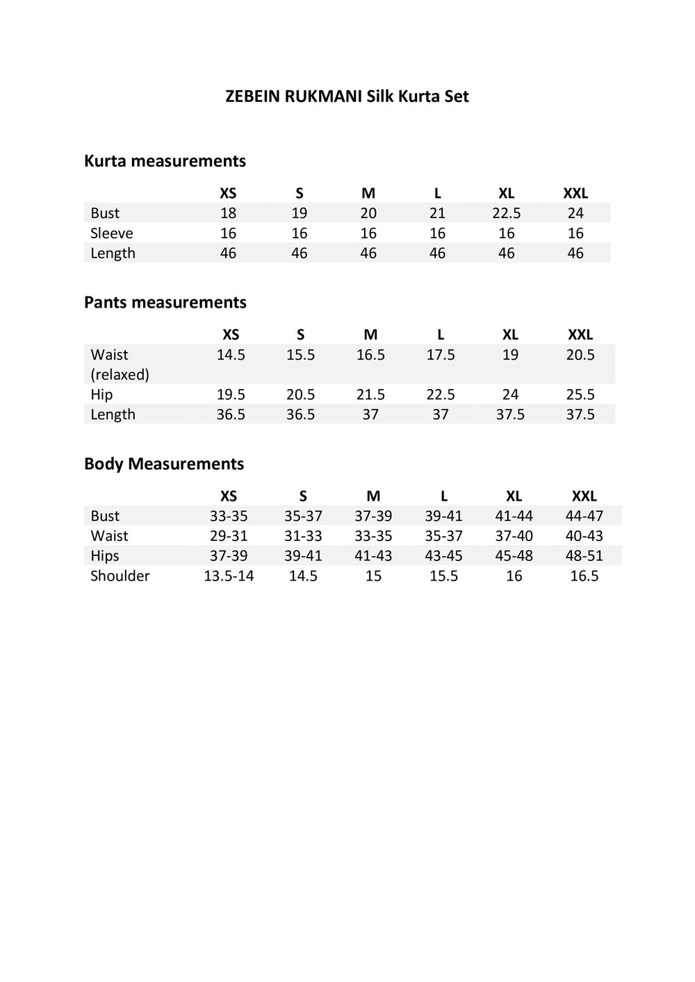 Size Chart 1