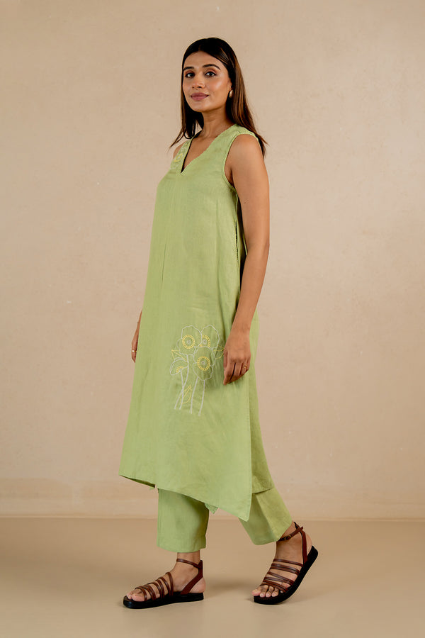Linen Coral Raglan Short Dress- Algae Green