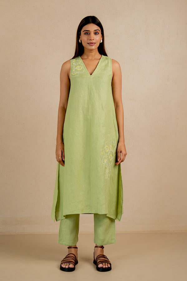 Linen Coral Raglan Short Dress- Algae Green