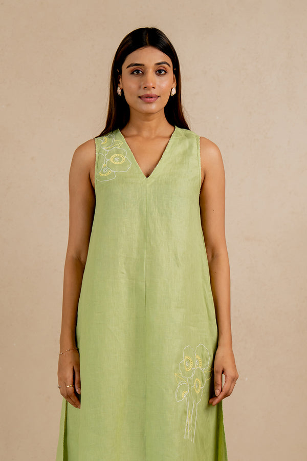 Linen Coral Raglan Short Dress- Algae Green