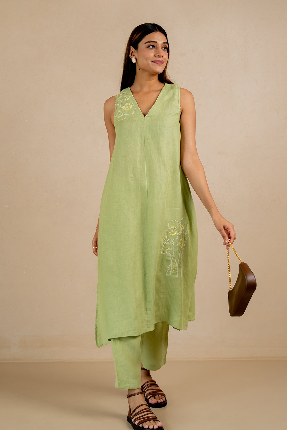 Linen Coral Raglan Short Dress- Algae Green
