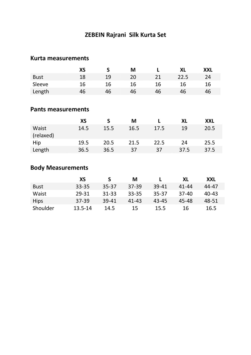 Size Chart 1