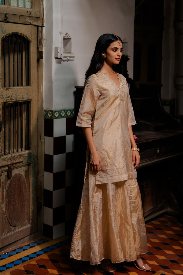 Roohi Tissue V- neck short kurta with sharara - Gold