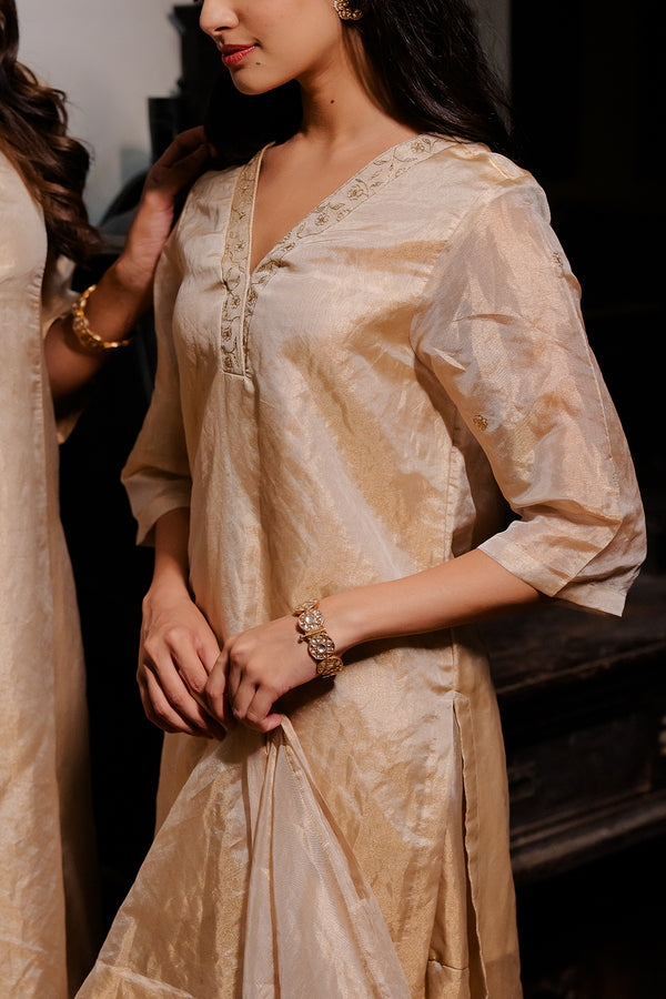 Roohi Tissue V- neck short kurta with sharara - Gold