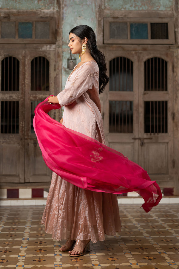 Roohi Tissue V- neck short kurta with sharara - Rose Gold