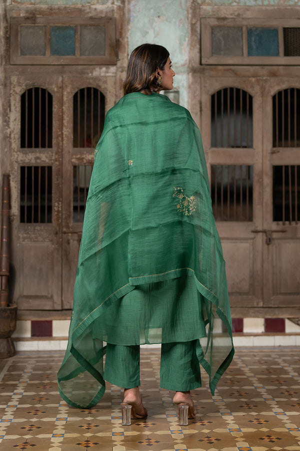 Roshan Chanderi Silk Button Kurta and Pants - Green