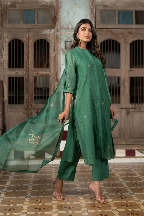 Roshan Chanderi Silk Button Kurta and Pants - Green