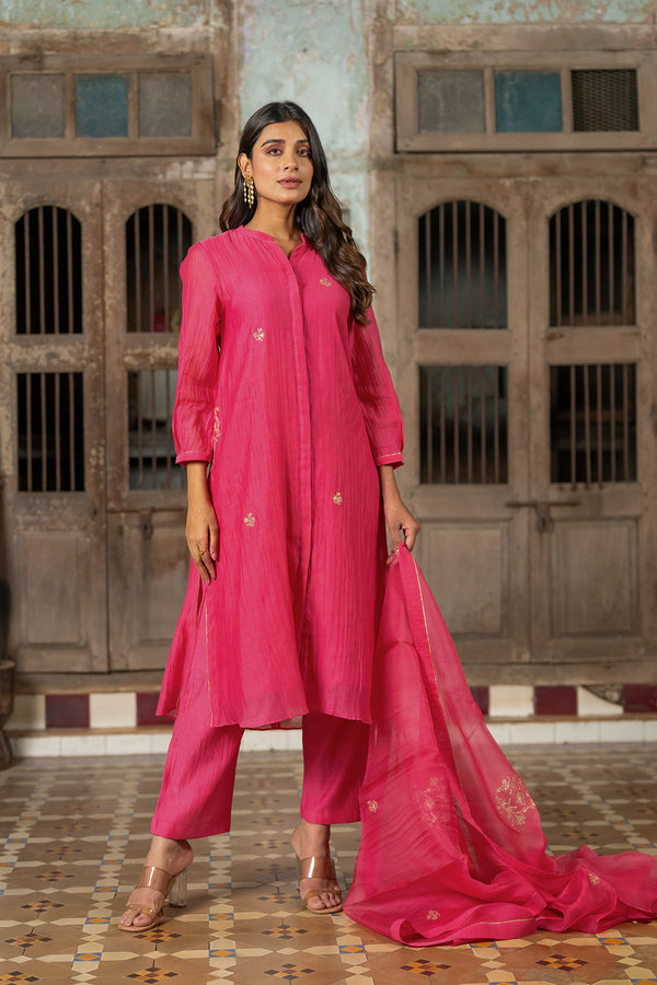 Roshan Chanderi Silk Button Kurta and Pants - Gold
