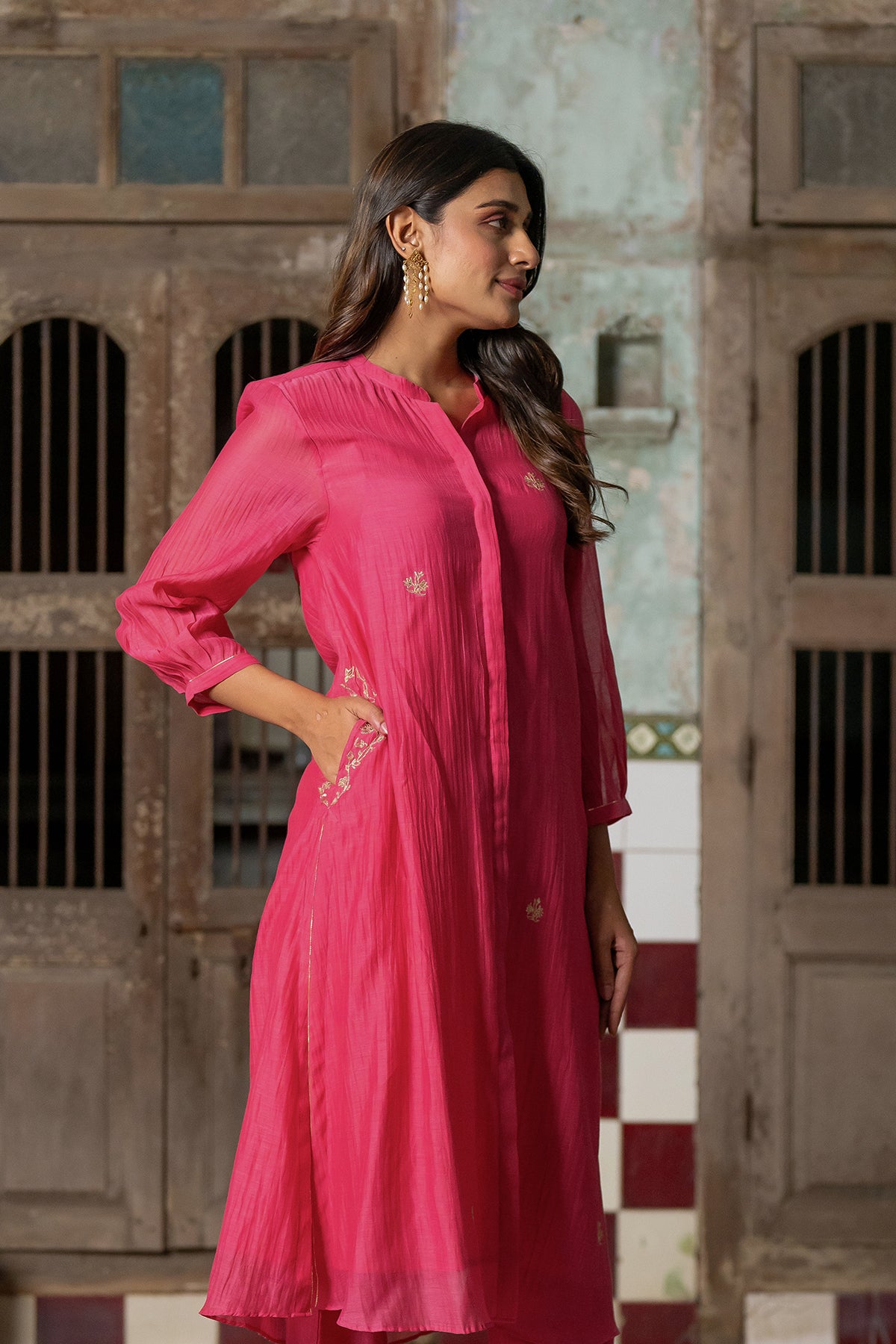 Roshan Chanderi Silk Button Kurta and Pants - Pink