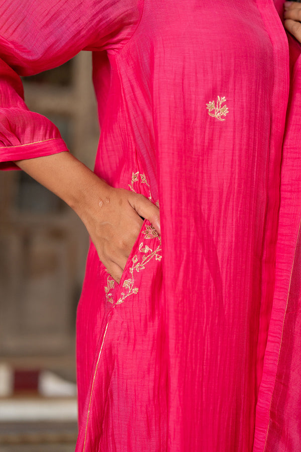 Roshan Chanderi Silk Button Kurta and Pants - Pink