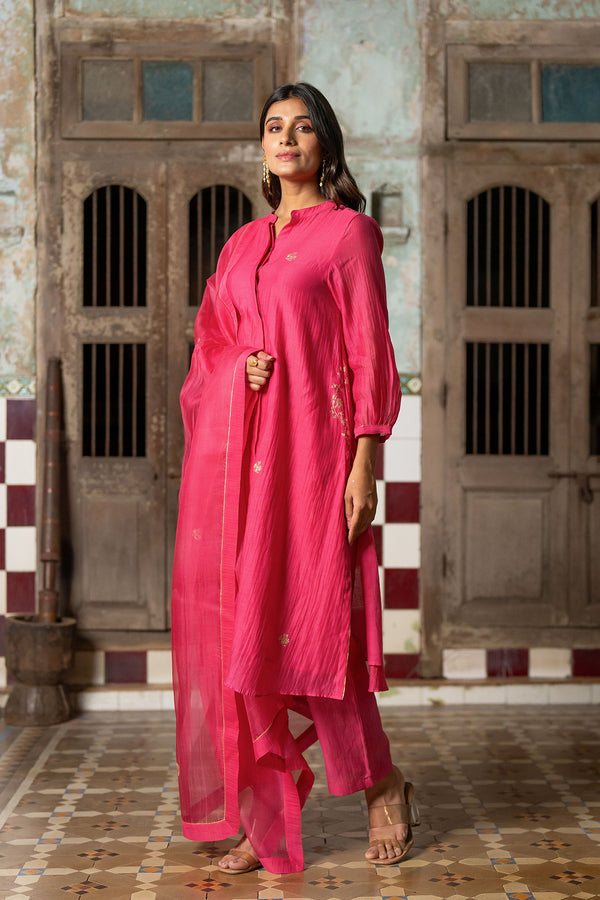 Roshan Chanderi Silk Button Kurta and Pants - Pink