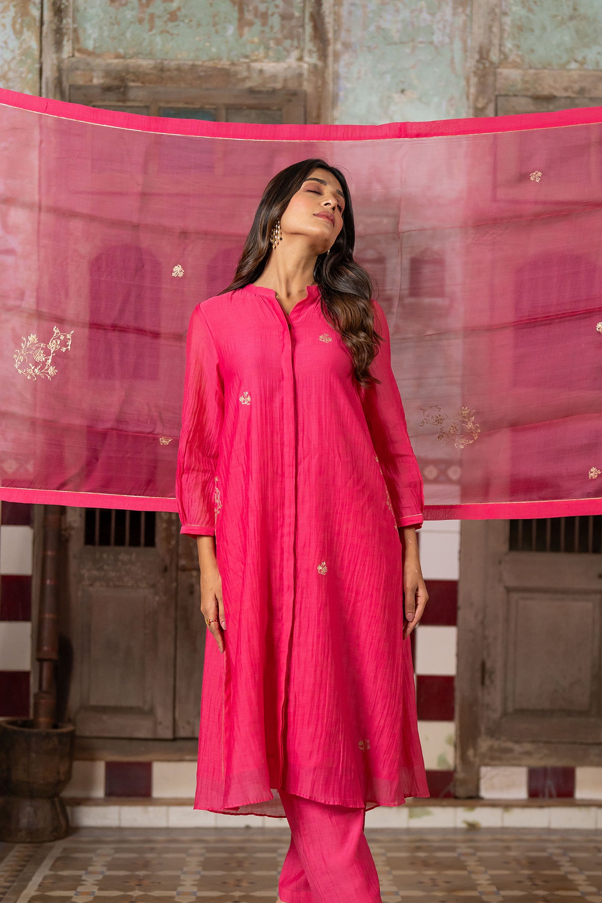 Roshan Silk Organza Dupatta - Pink