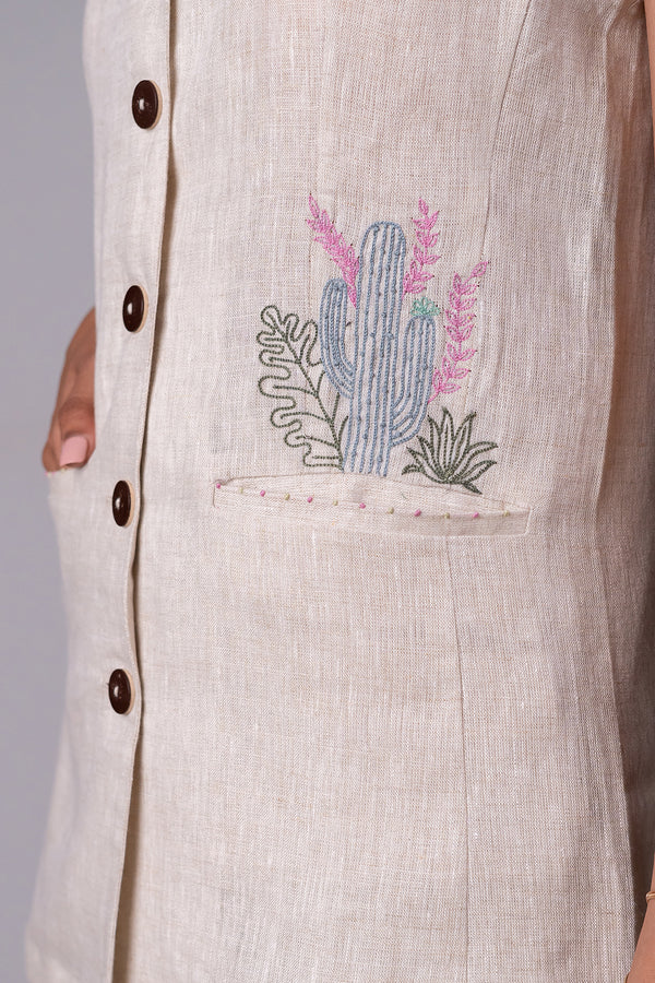 Ruth Linen Sleeveless Blazer with welt pockets - Ecru