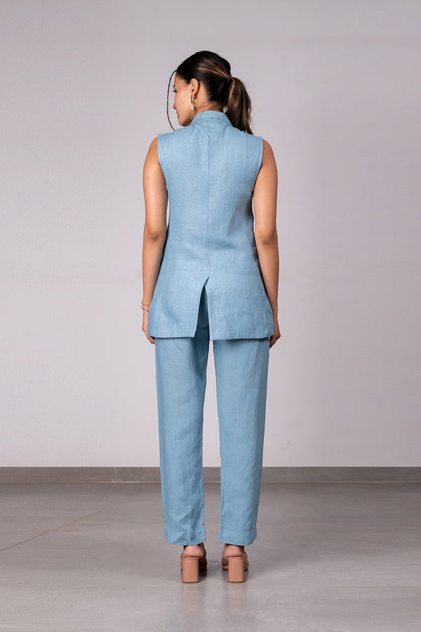 Ruth Linen Sleeveless Blazer With Welt Pockets – Icy Blue