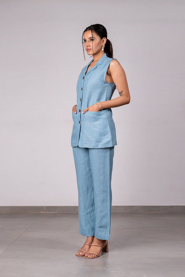 Ruth Linen Sleeveless Blazer With Welt Pockets – Icy Blue
