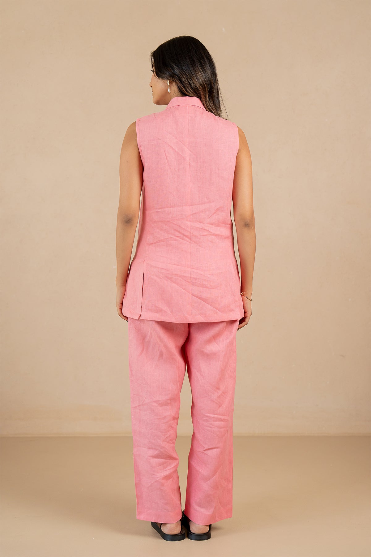 Ruth-Linen-Sleeveless-Blazer-with-welt-pockets-Flamingo-Pink-