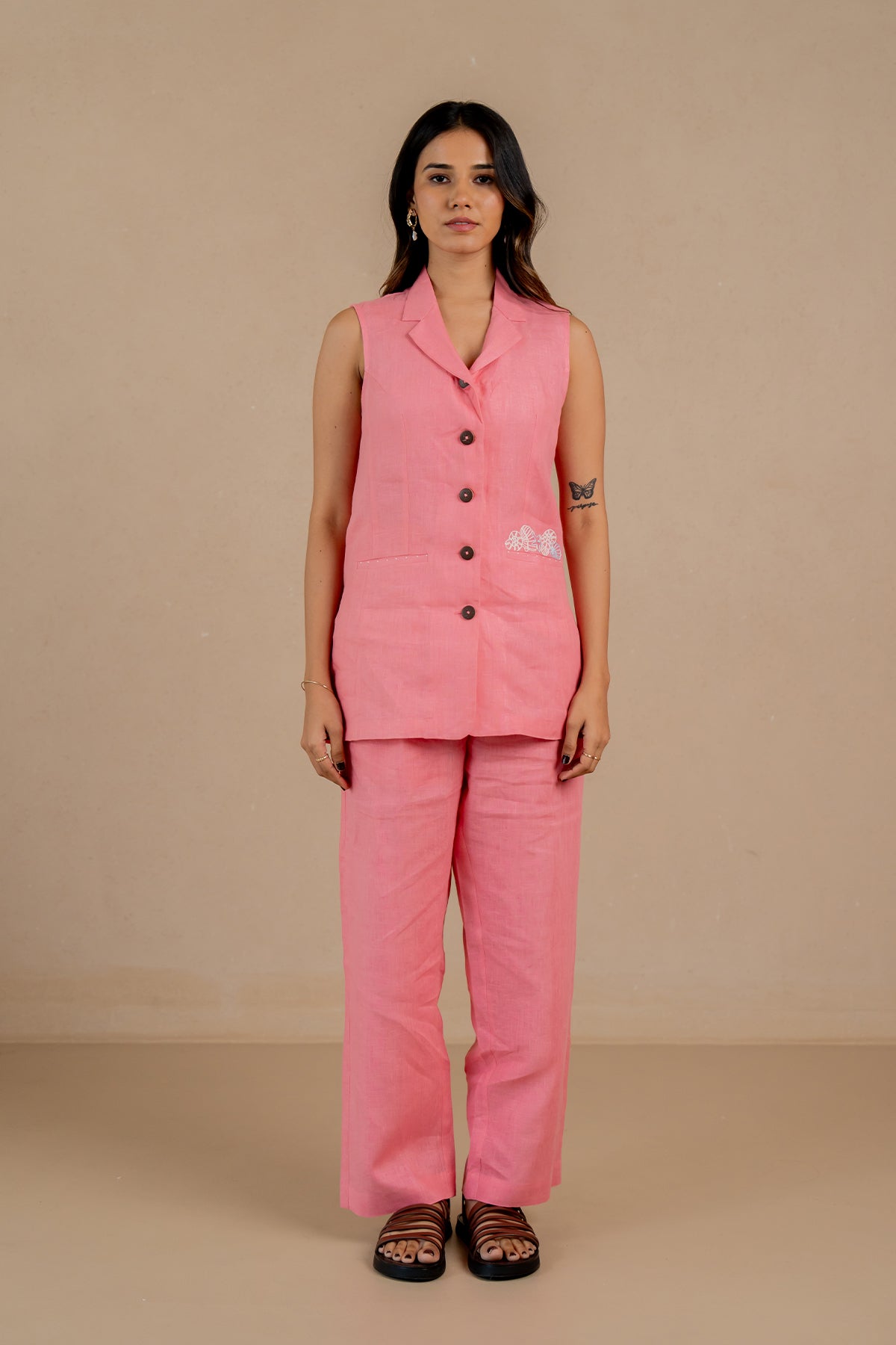 Ruth-Linen-Sleeveless-Blazer-with-welt-pockets-Flamingo-Pink-