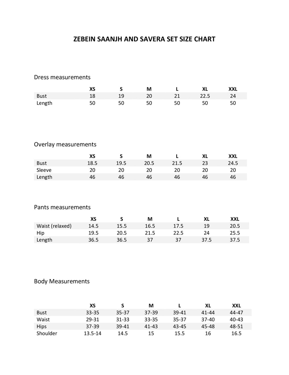 Size Chart 1